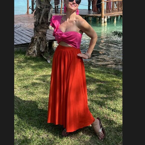 Amur Pink Orange One Shoulder Gown SIZE 2 Pleated Cut Out Formal Vacation $600 - Picture 10 of 16